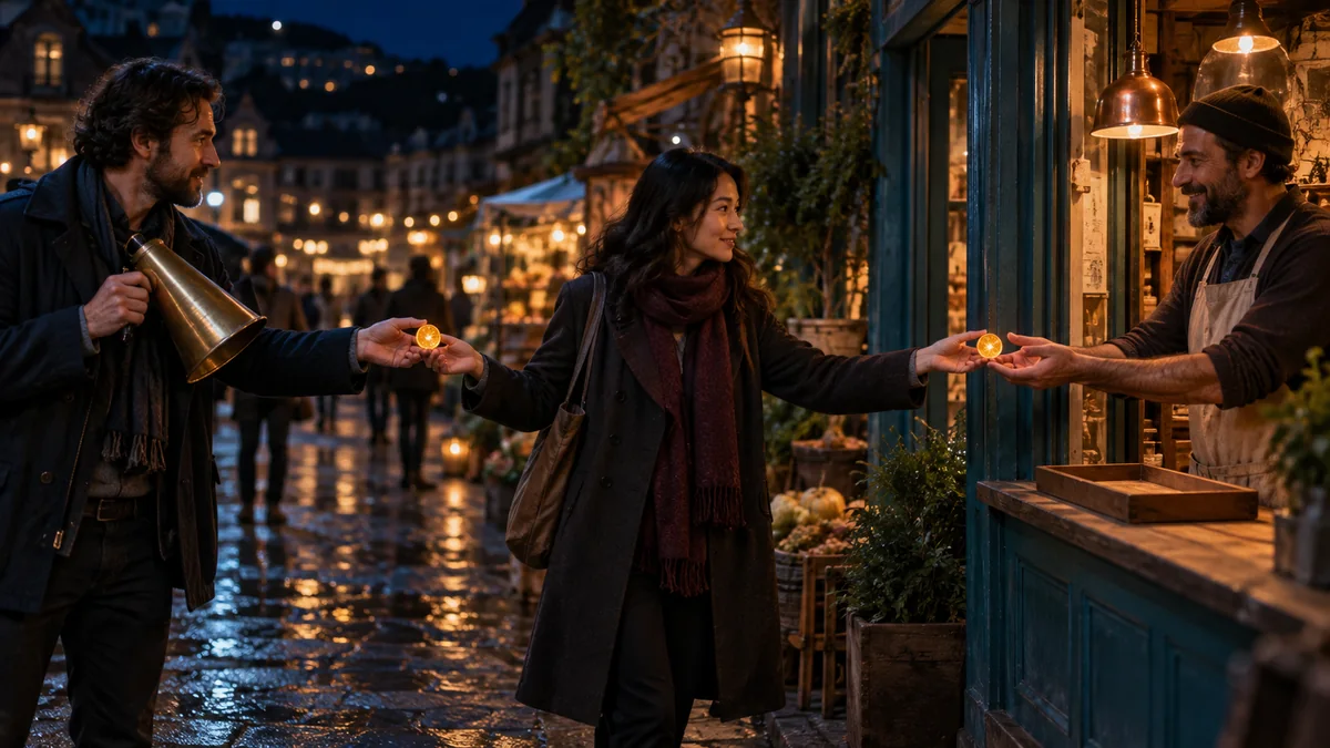 Three people pass glowing tokens from a brass megaphone through a shopper to a neighborhood service counter at night