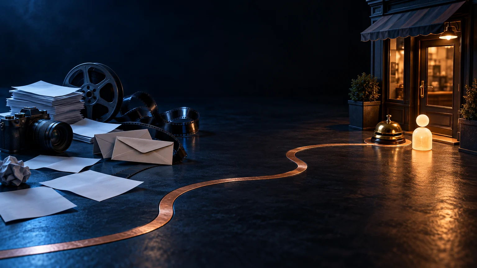 Disconnected content materials connect by a copper path to a lit storefront, service bell, and customer token
