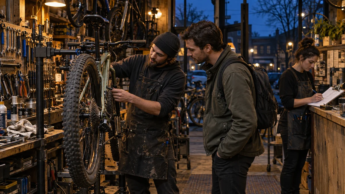 Bicycle mechanic demonstrates a repair to a customer while a second employee prepares a service ticket in a warmly lit local shop