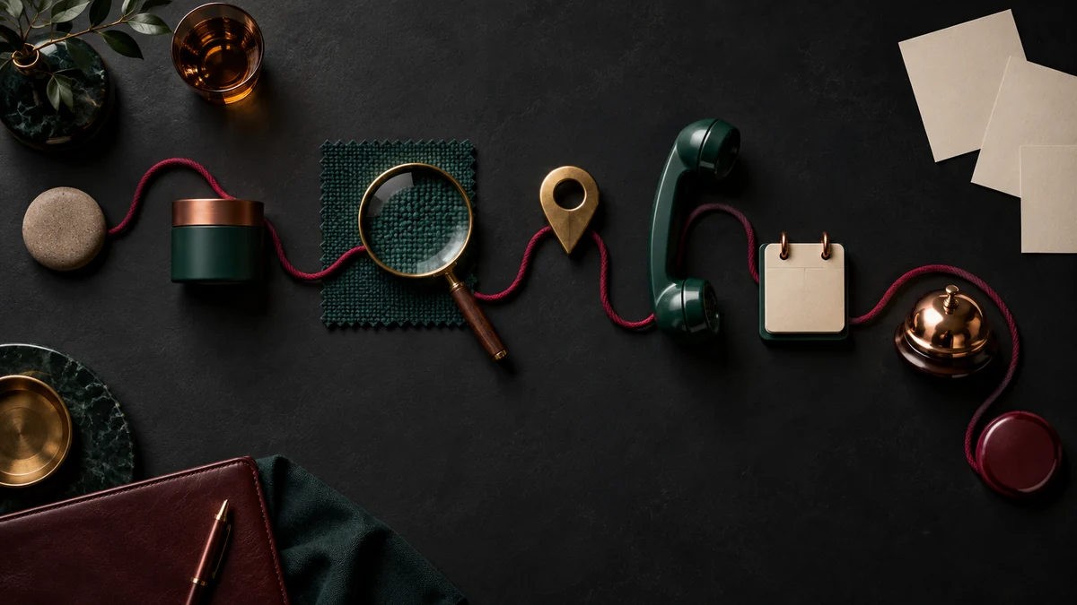 Overhead customer path connects an unmarked need token, product sample, magnified material proof, location pin, telephone, appointment token, and service bell with burgundy cord