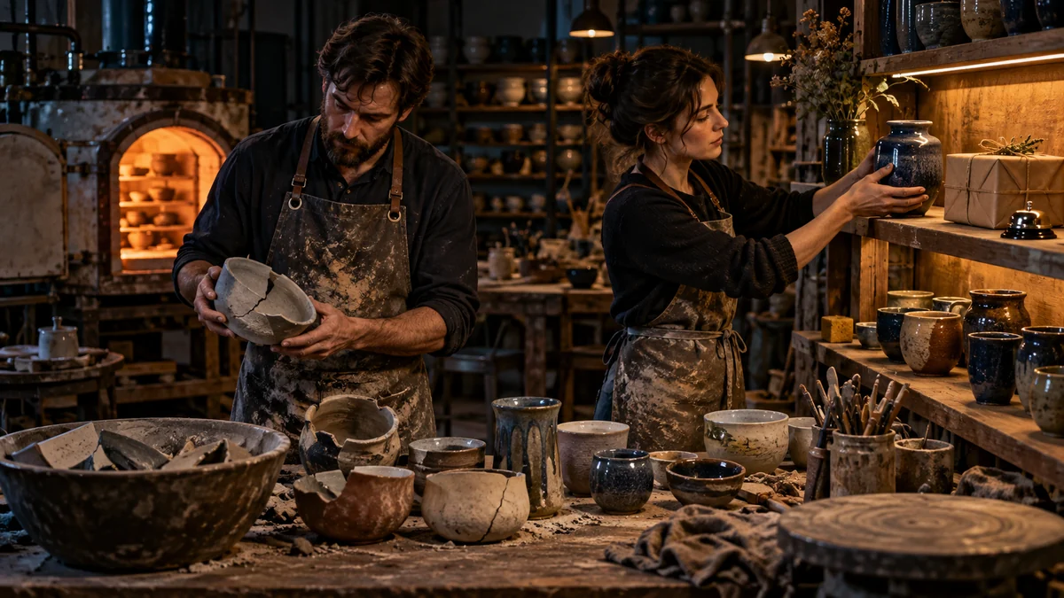 Two standing pottery-studio coworkers remove flawed pieces and place one useful finished vessel beside a customer package and pickup bell