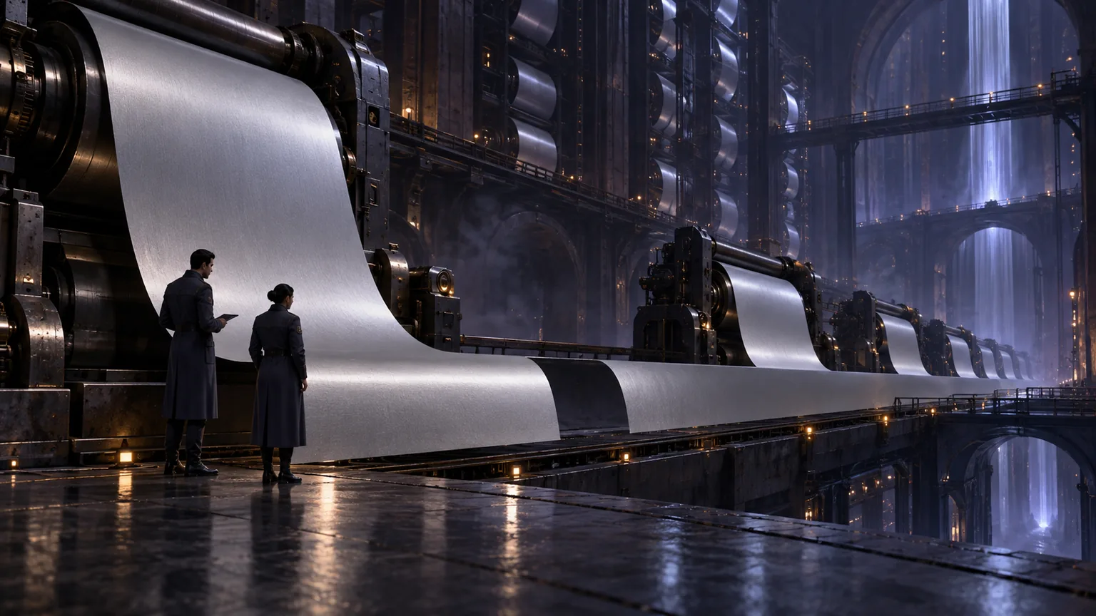 Two archivists inspect a blank silver data ribbon with one missing segment inside a vast dark records hall