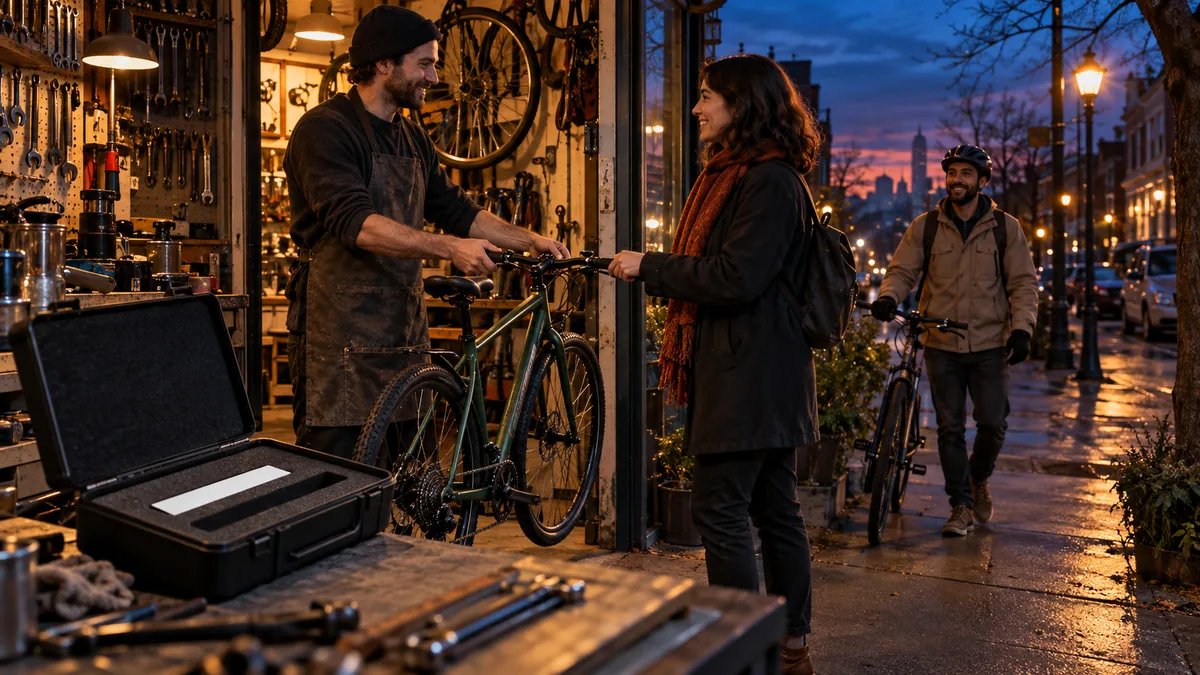 Bicycle shop mechanic returns a repaired bicycle to a customer while a blank inspection strip rests in an open case nearby
