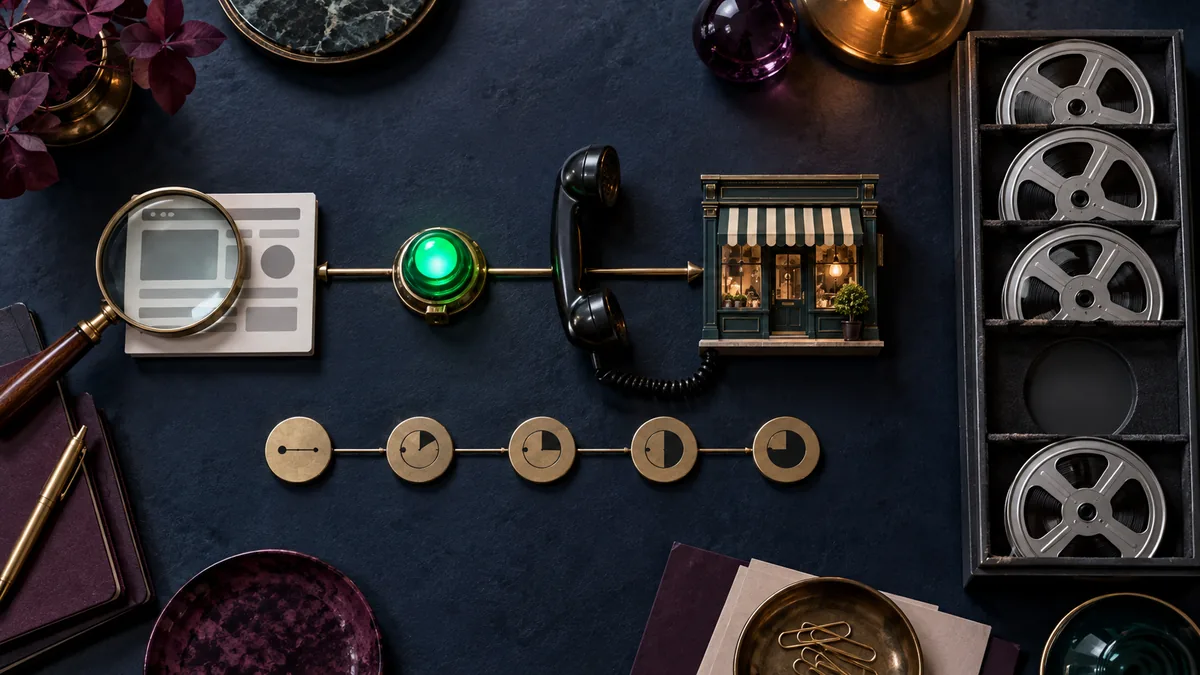 Overhead evidence table connects a magnified page tile, green status light, telephone, storefront model, time tokens, and one empty reel slot