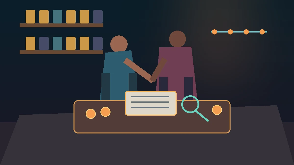 Business owner and strategist stand at a workbench comparing a bound baseline report, physical evidence samples, and a dated measurement timeline