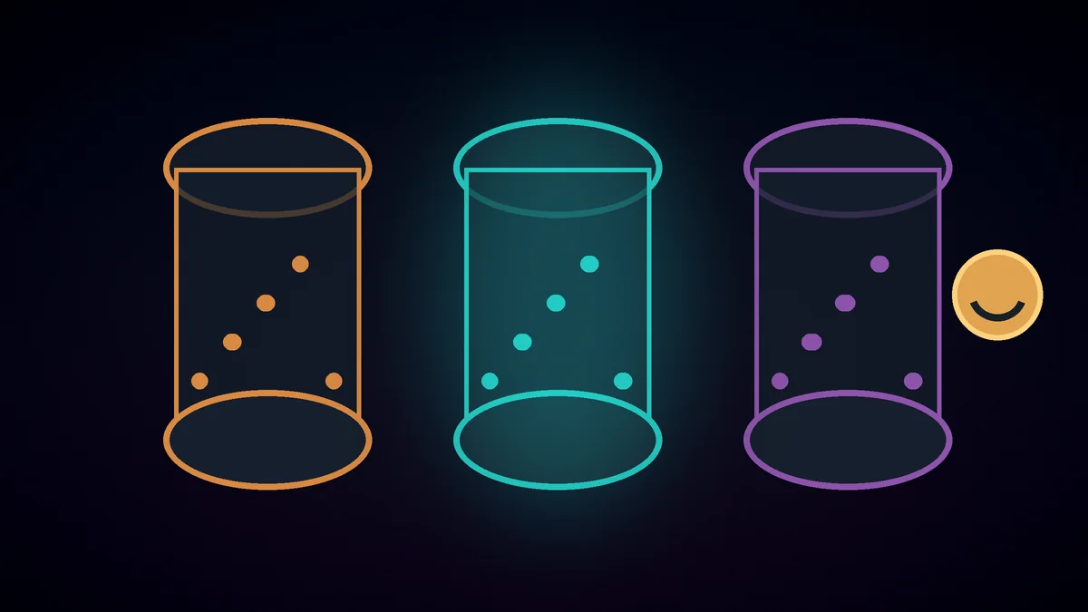 Three dark glass source vessels keep amber, cyan, and violet session tokens separate beside a customer action token