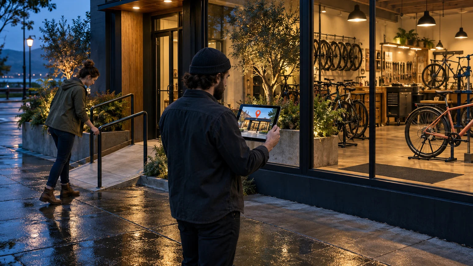 Bicycle shop owner and employee verify storefront access and online location details outside their warmly lit shop