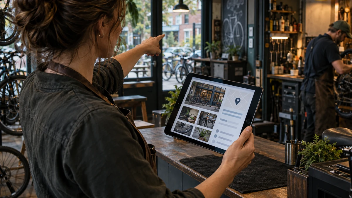 Bicycle shop owner compares an unlabeled profile view on a tablet with the real storefront while a mechanic works in the background