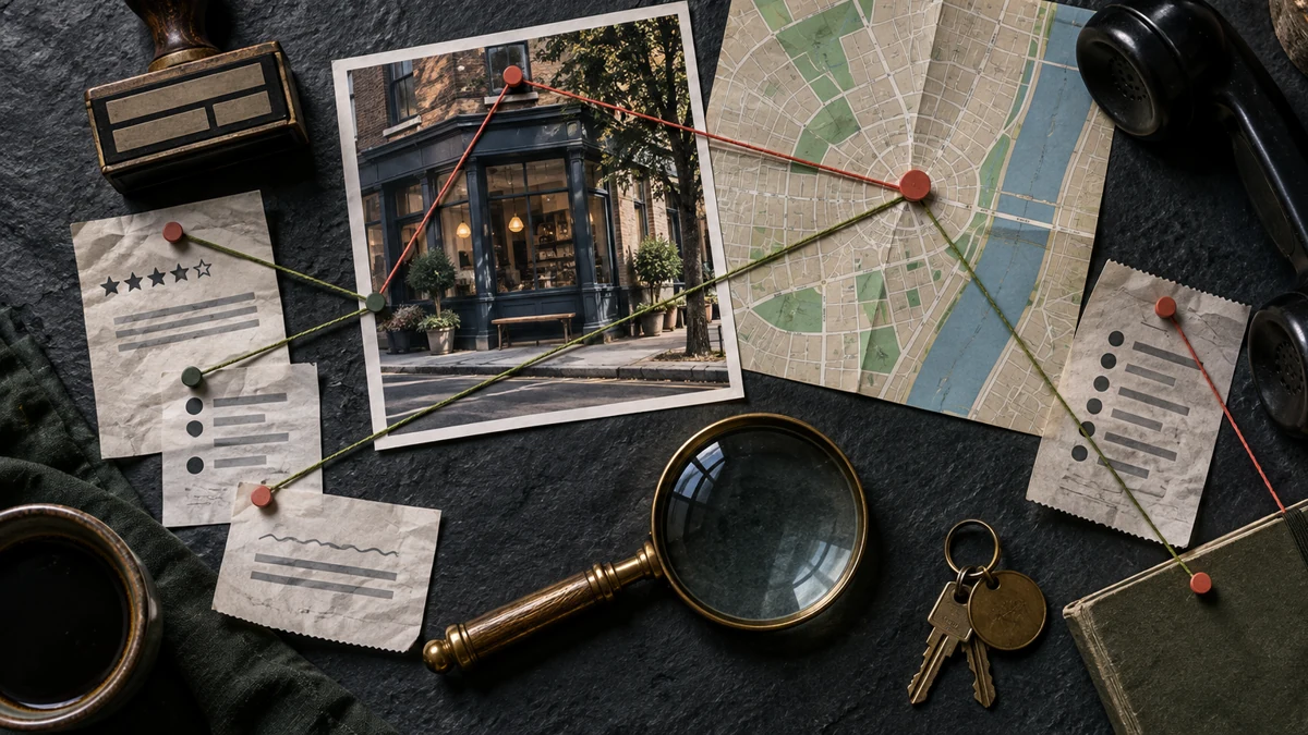 Overhead evidence check connects a storefront photograph, neighborhood map, phone receiver, review slips, and blank business-detail records with colored thread