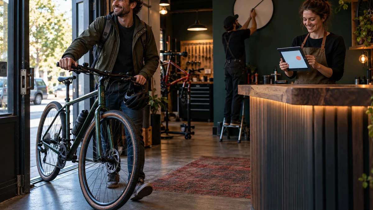 Customer wheels a bicycle into the shop while the owner confirms the visit on a simple tablet and a mechanic adjusts an unlabeled wall clock
