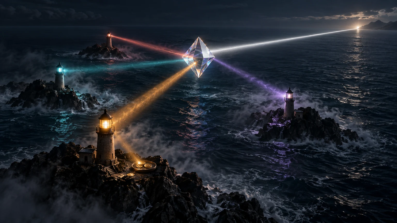Four lighthouse beams converge through a glass prism as a return glow reaches a small tray of brass tokens