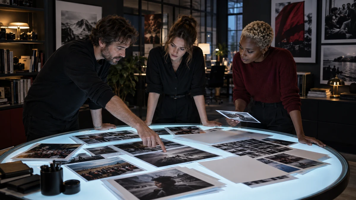 Three editors stand around a circular light table reviewing untitled photo proofs and source images in a dark independent newsroom