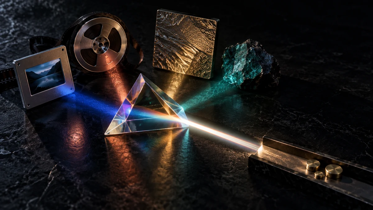 Camera transparency, audio reel, printing plate, and research sample cast colored light through one glass prism toward a narrow tray with a few brass tokens