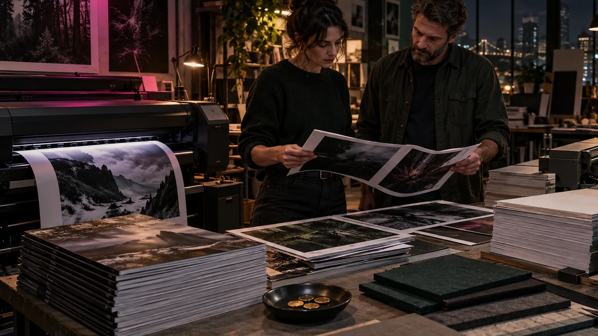 Publisher and production manager inspect image-led pages beside an active large-format printer, production stacks, and a small dish of brass payment tokens