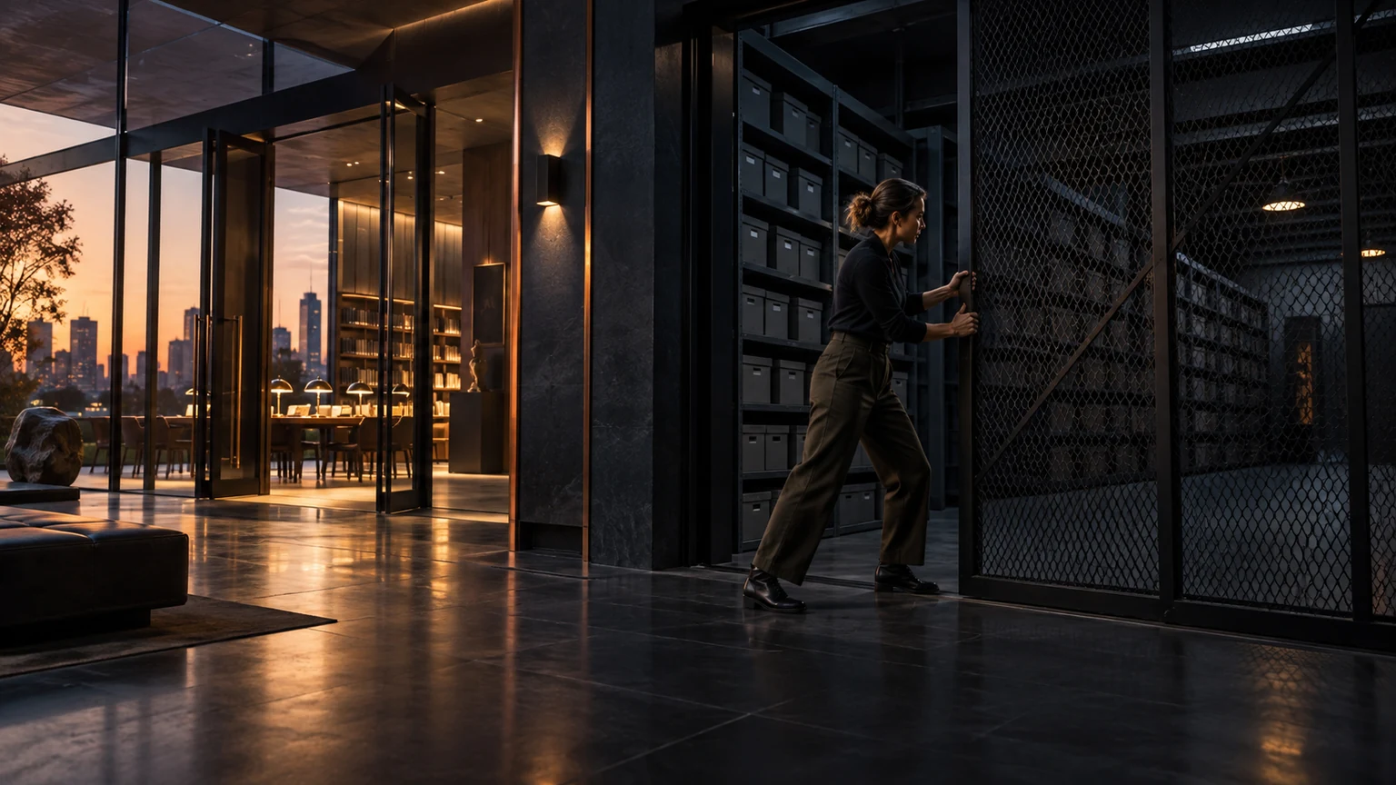 Business owner closes a secure archive gate while a separate public entrance remains open and warmly lit