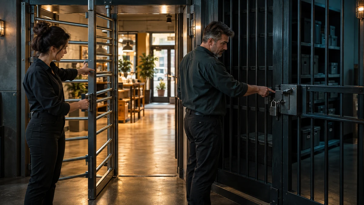 Website owner and technical lead inspect a split gate with an open public entrance and locked archive door