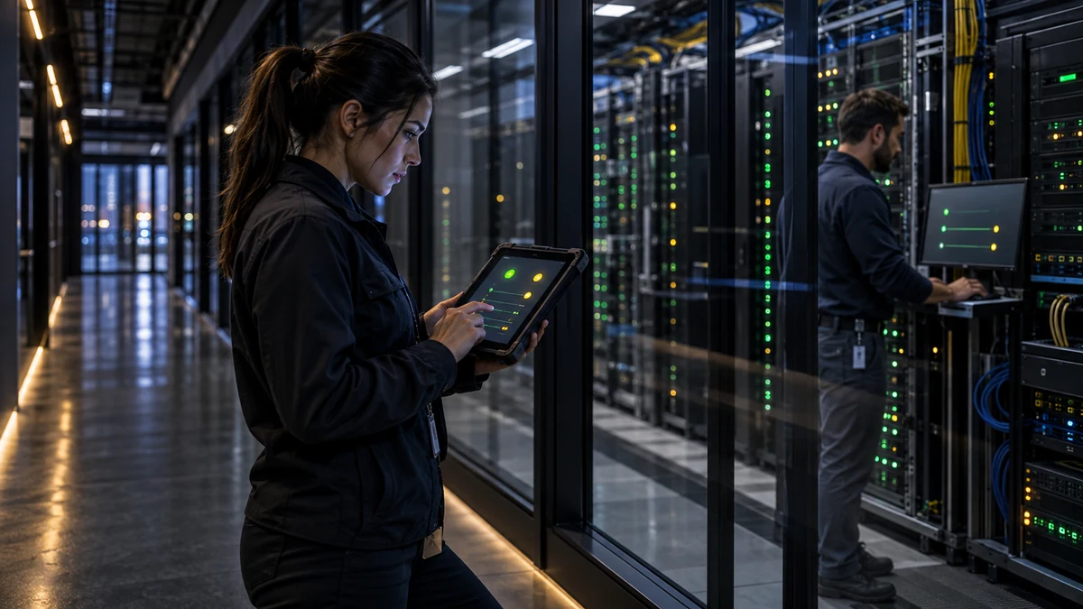 Technician tests public-page access outside a secure server room while a colleague verifies responses
