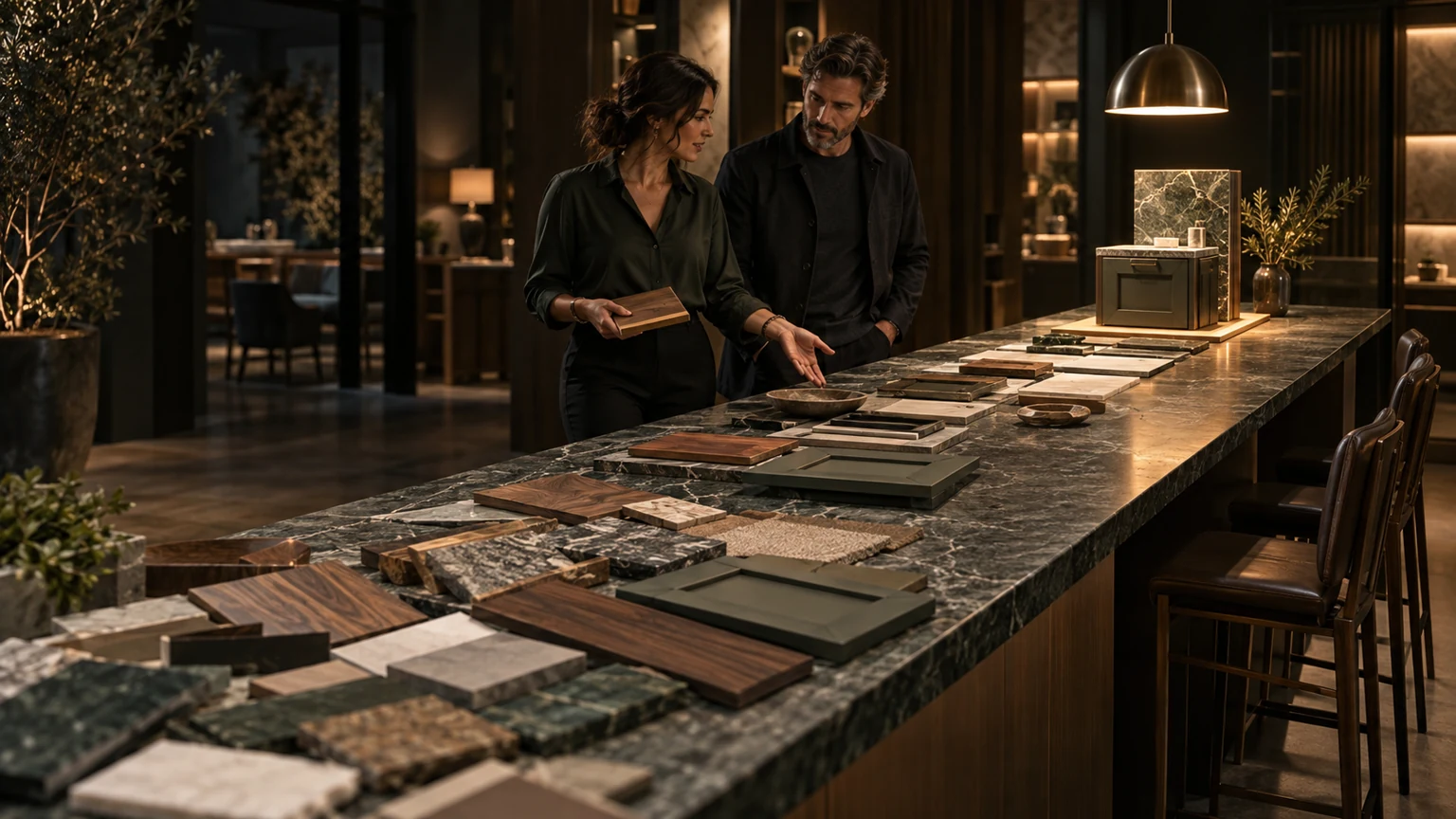 Business owner and customer walk along a kitchen design island where broad material choices narrow to one finished concept