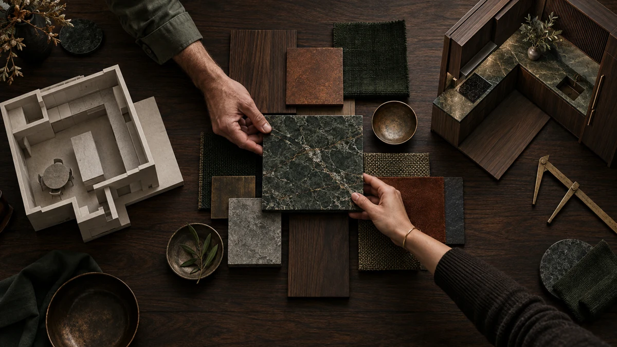 Two people arrange kitchen samples from broad material choices to one finished design detail on a dark walnut workbench
