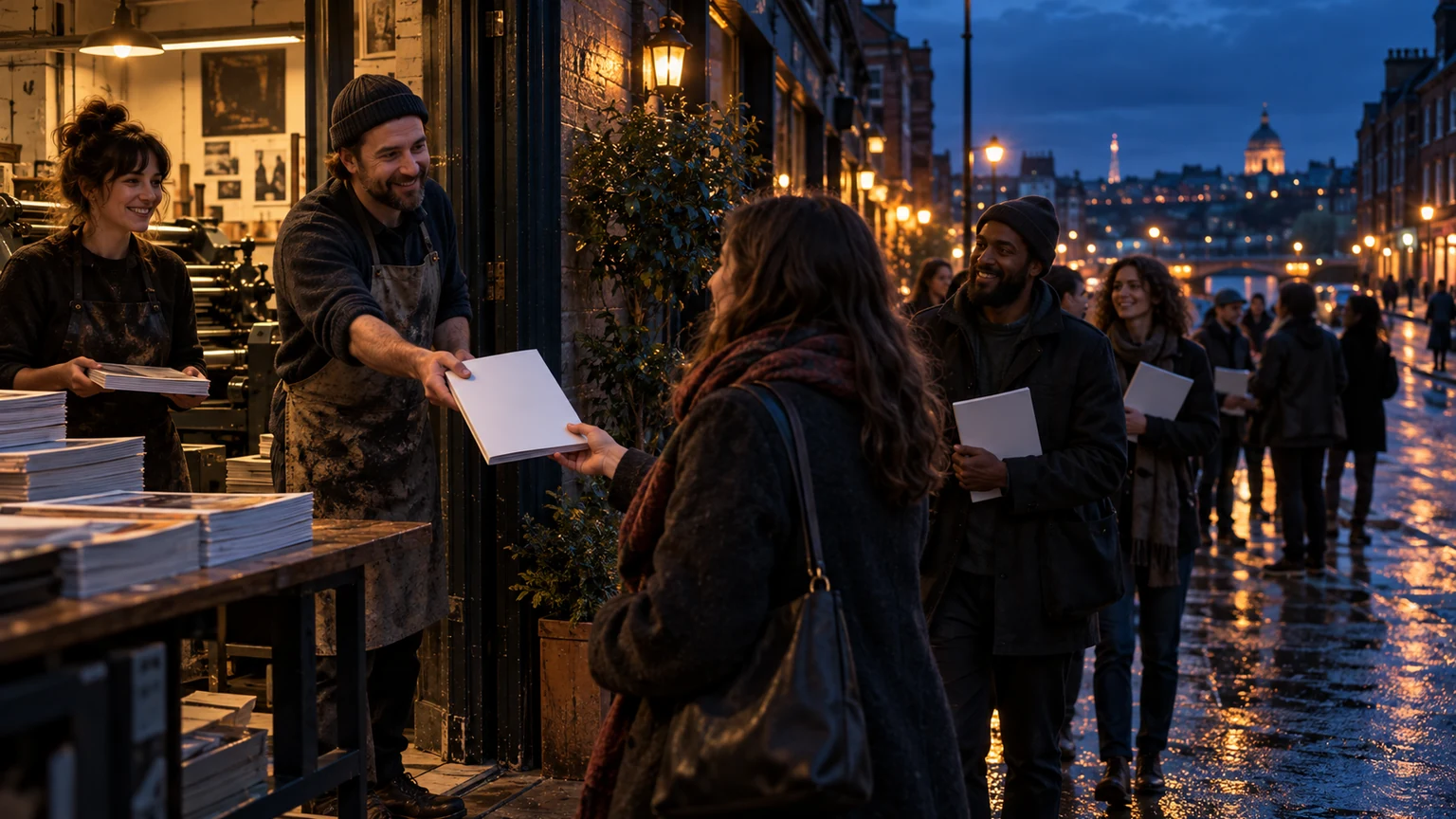 Independent publishers hand blank-cover magazines directly to readers outside a warmly lit print studio at blue hour
