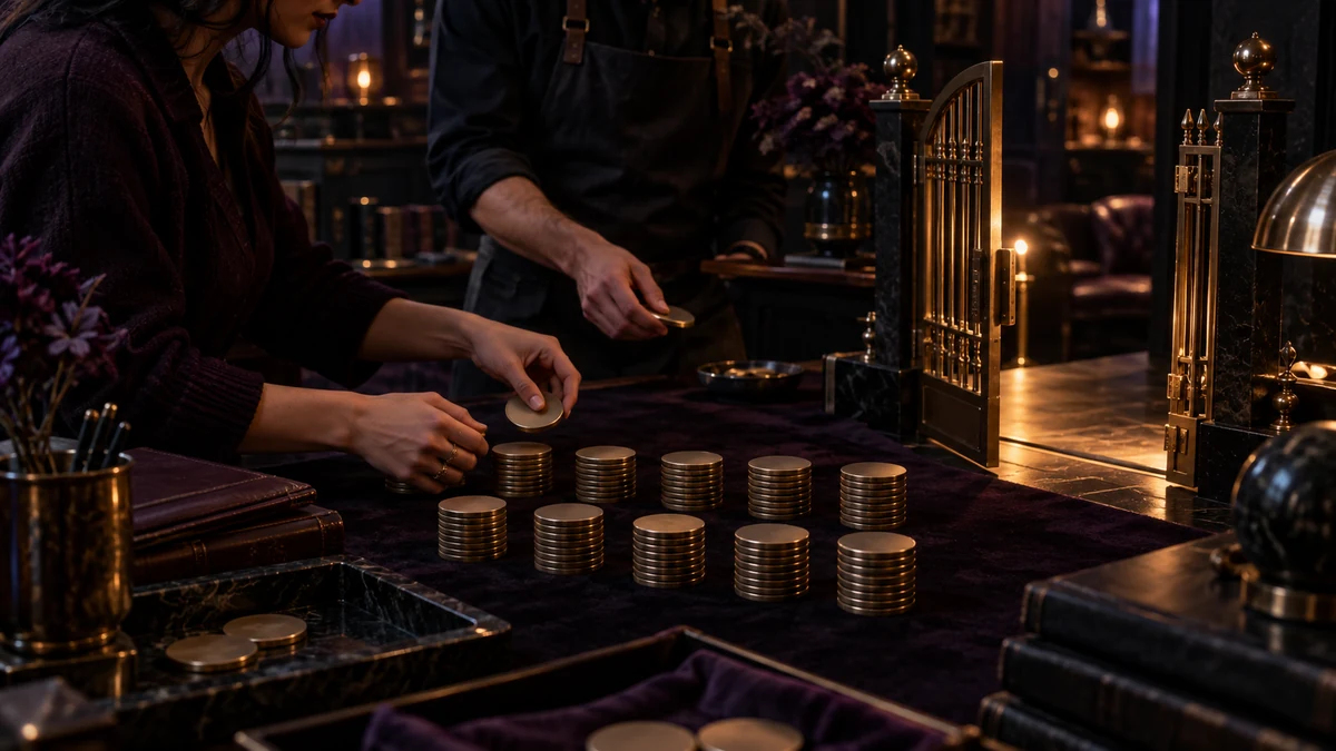 Publishing team arranges subscriber tokens beside an open brass gate in a dark workshop