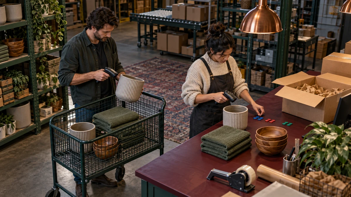 Retail team tests product scanning, stock accuracy, packaging, and fulfillment around a merchandise cart