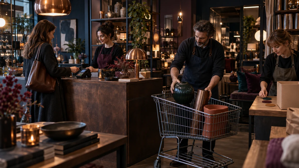 Shopper completes checkout at a merchant counter while staff prepare the transferred cart for fulfillment
