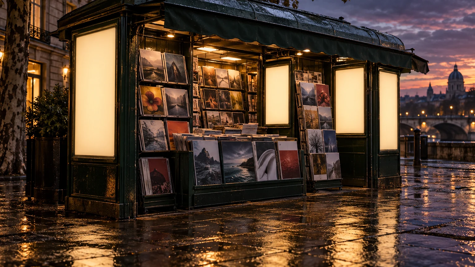 Rainy city newsstand with image-only publications and blank illuminated advertising panels before dawn