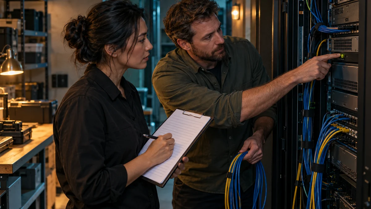Two infrastructure specialists trace blue and amber network cables beside an unbranded server rack