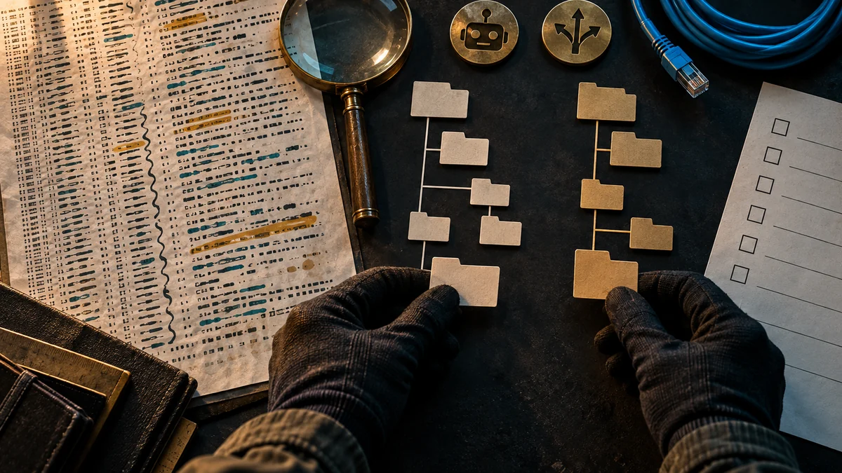 Gloved auditor compares two crawler paths beside a magnifier, network cable, and blank checklist