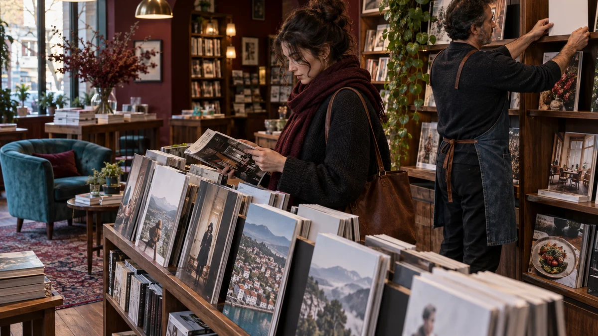 Shopper browses image-led publications while a shop owner replenishes shelves in a warm independent store