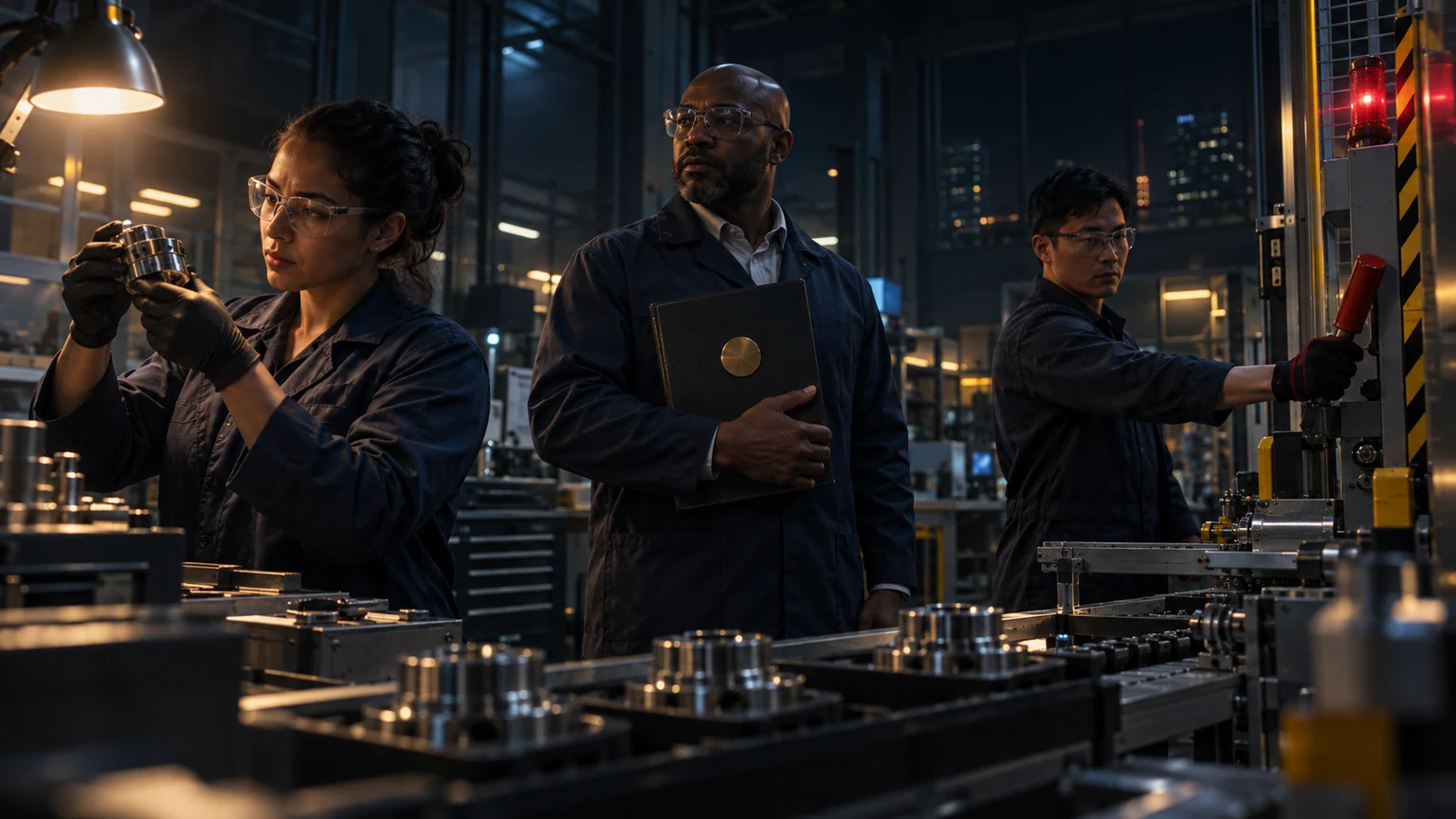 Three-person quality-control team stops a production line to inspect a component before release
