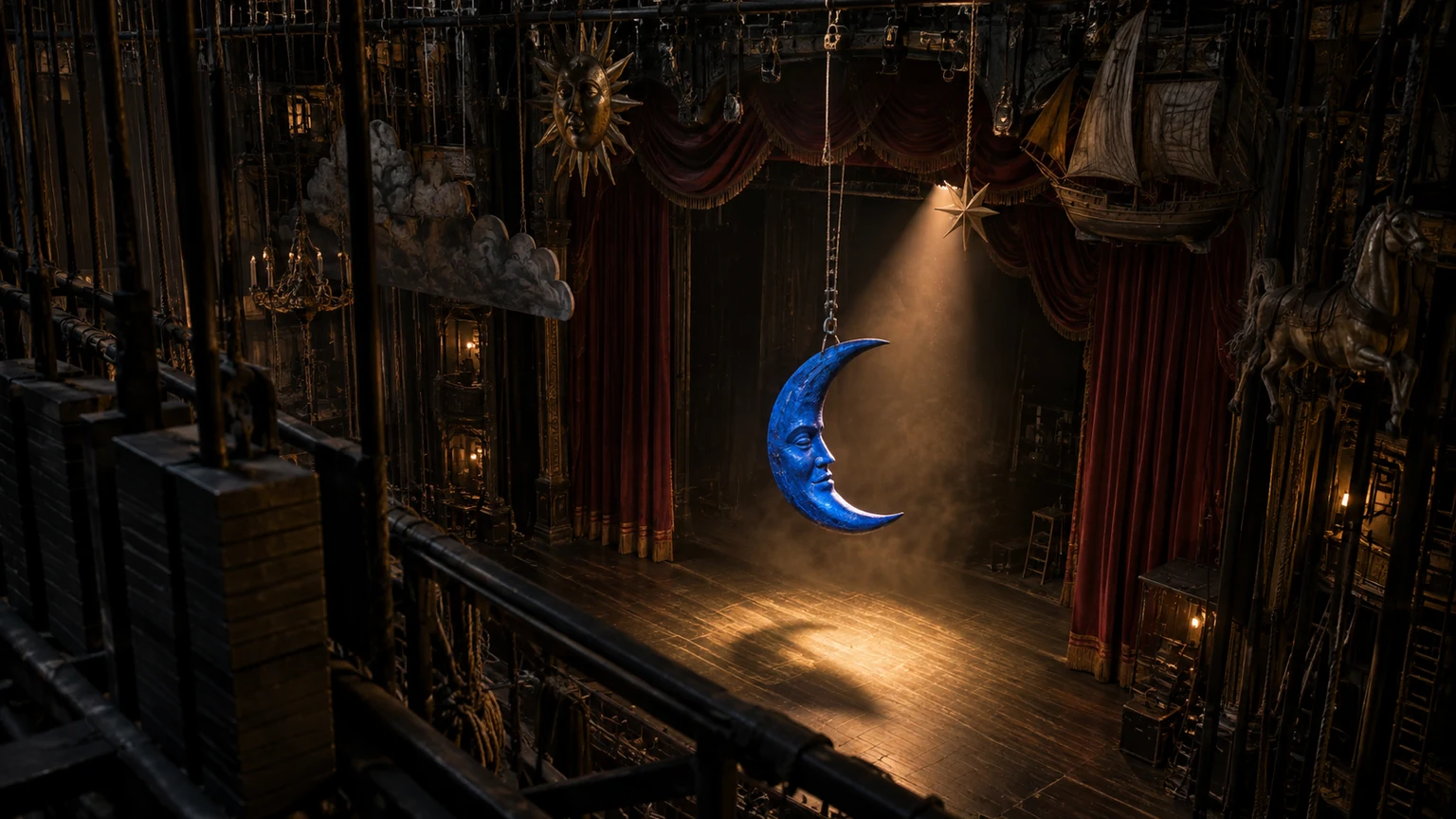 Cobalt moon prop lowered from crowded theater rigging into a warm spotlight on an empty stage