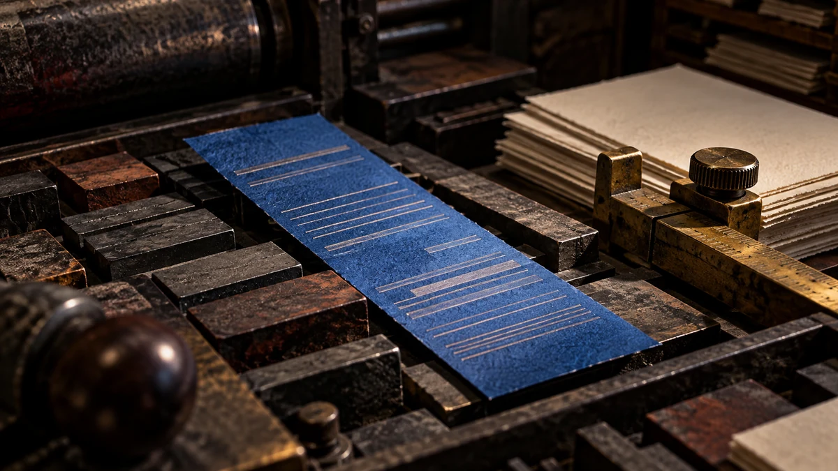 Distinctive cobalt passage strip with abstract line patterns isolated among letterpress blocks and a brass registration gauge