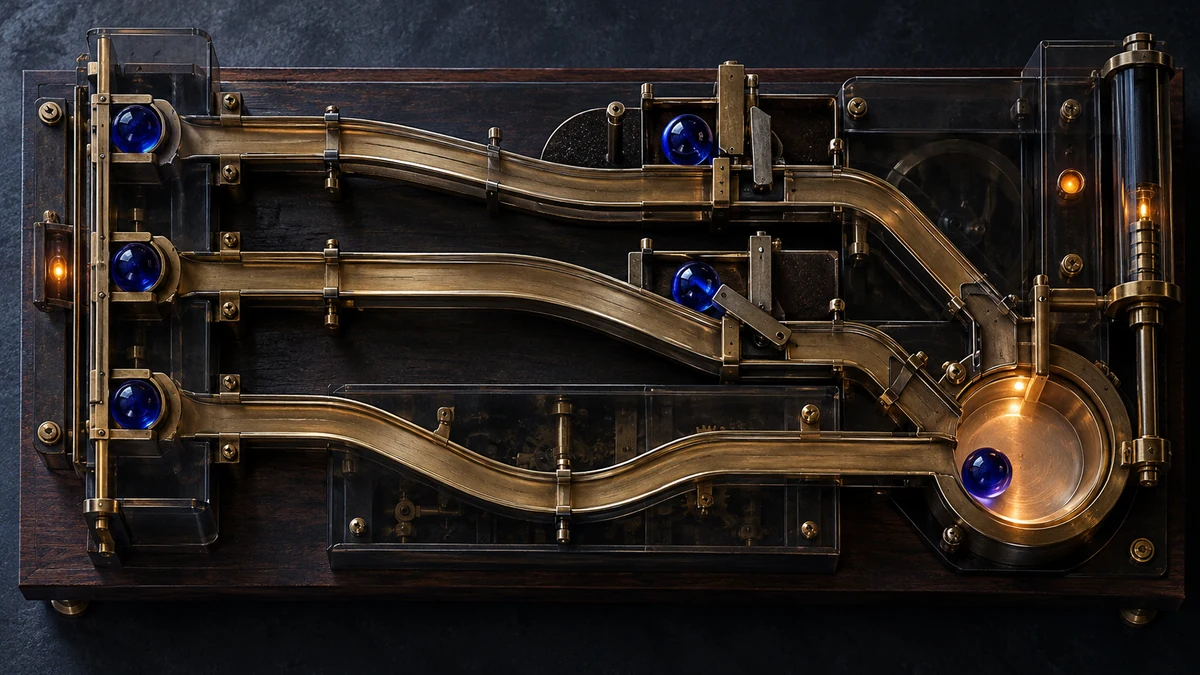 Three brass test tracks carry cobalt glass tokens through different gates toward one illuminated evidence tray