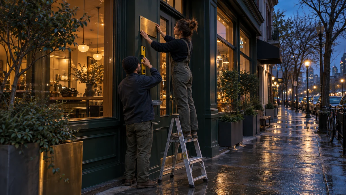 Two coworkers install a blank brass directory plaque beside an unbranded storefront on a rain-dark street at blue hour