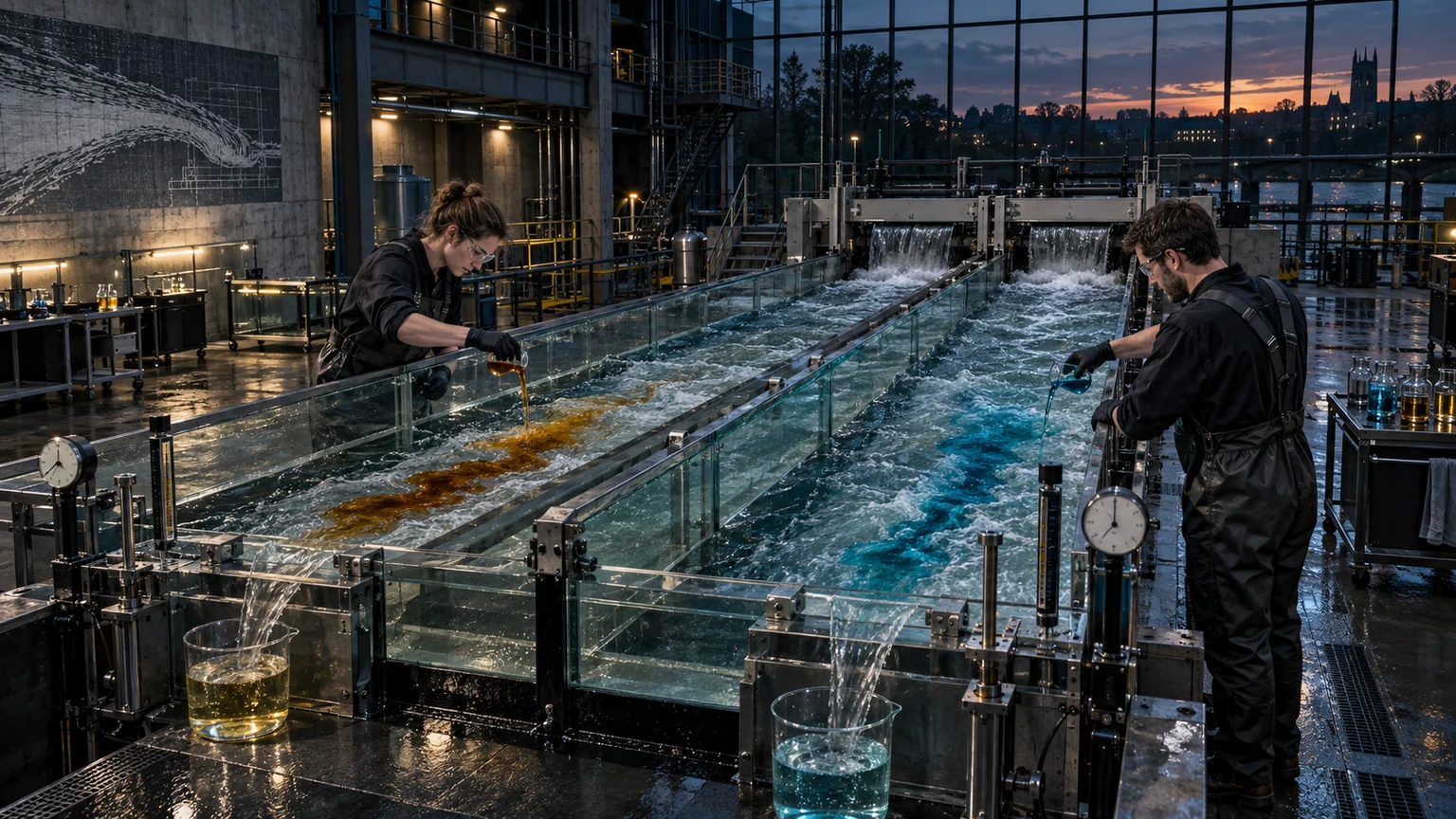 Two researchers compare amber and cyan dye flows in parallel glass channels during a controlled laboratory test