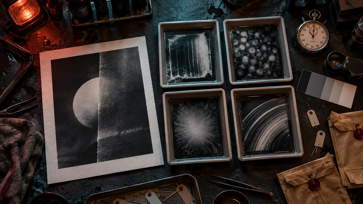 Darkroom bench with one article proof, four abstract answer exposures, a loupe, stopwatch, and evidence envelopes