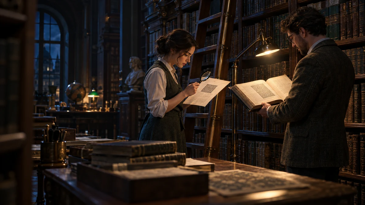 Archivist and researcher trace a distinctive printed passage to a matching bound source in a conservation library