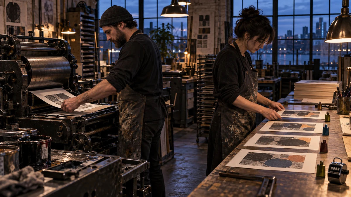Two print-shop operators repeat one article-proof run and compare four outputs with colored citation markers