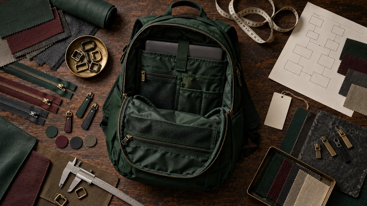 Product-development bench with an open technical backpack, material swatches, measuring tools, diagrams, hardware, and color variants