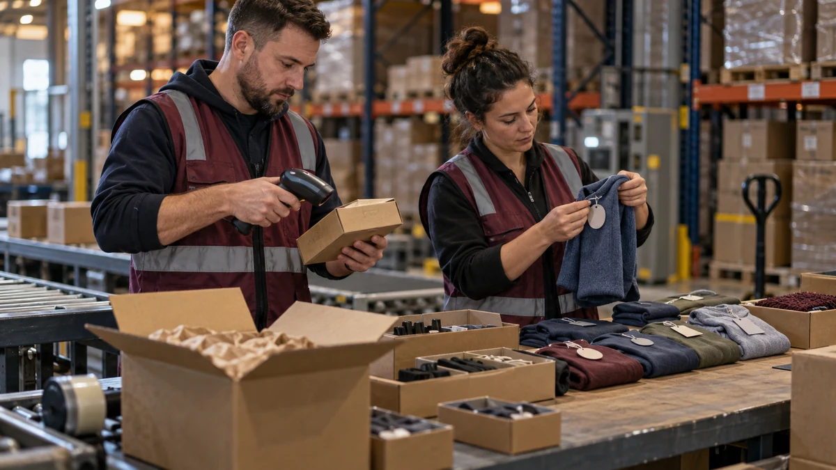 Two warehouse merchandising operators inspect a product variant, scan its package, and compare color, size, and contents
