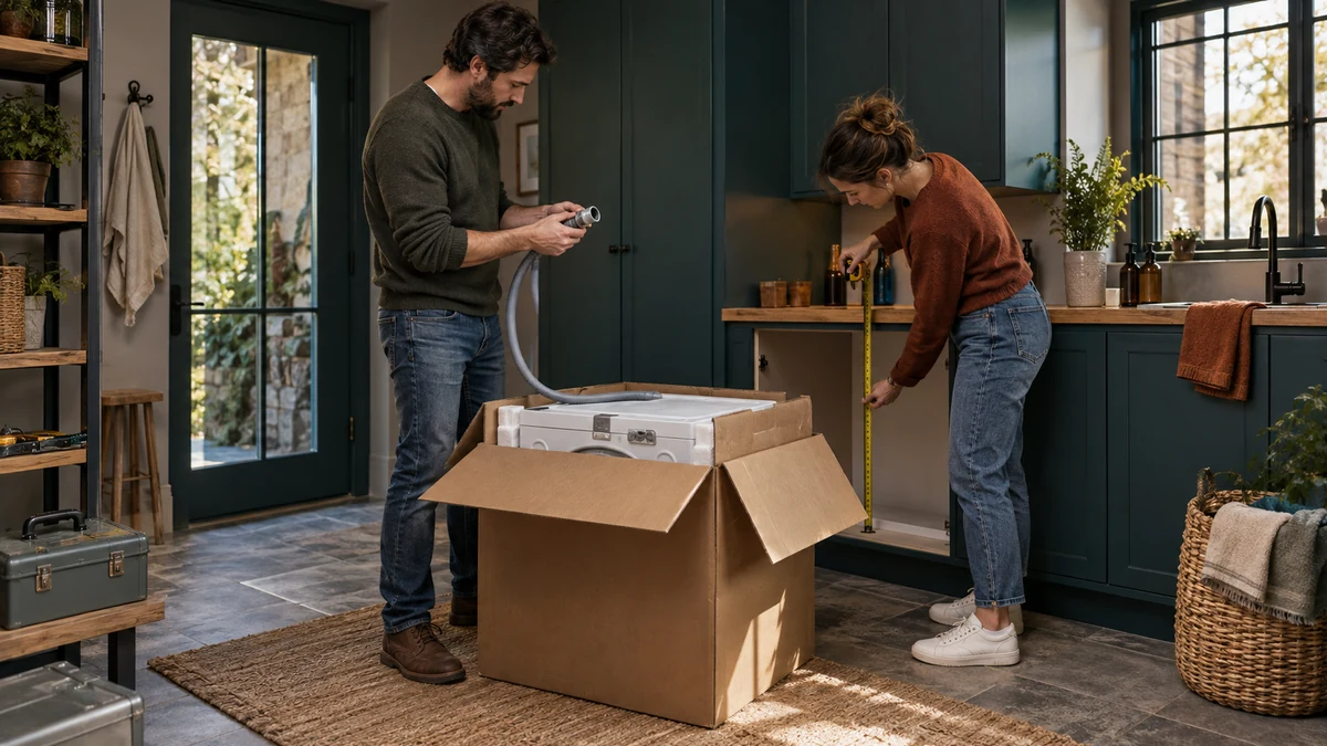 Couple checks an appliance hose connector and measures cabinet clearance before installation in a utility room