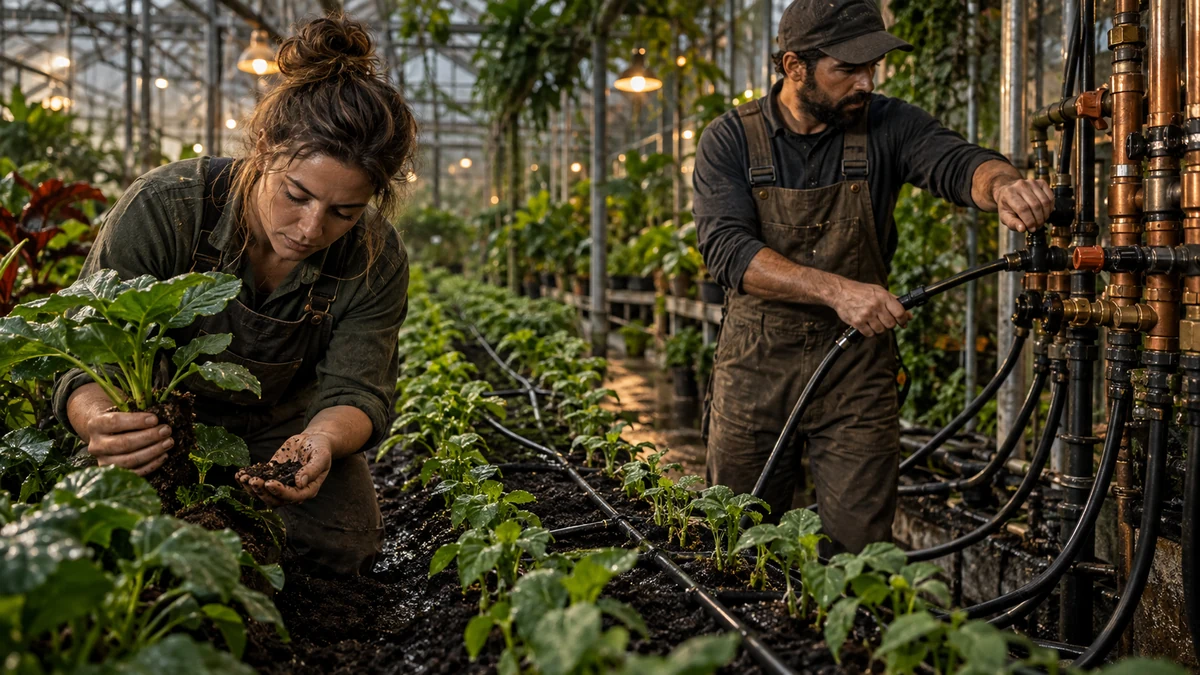 Two greenhouse workers inspect plant roots and stop an incorrect line at an automated irrigation manifold