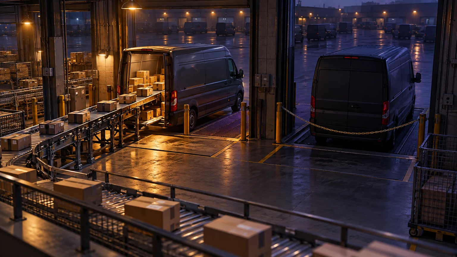 Two identical delivery vans sit in separate warehouse bays while only one receives parcels from an active conveyor
