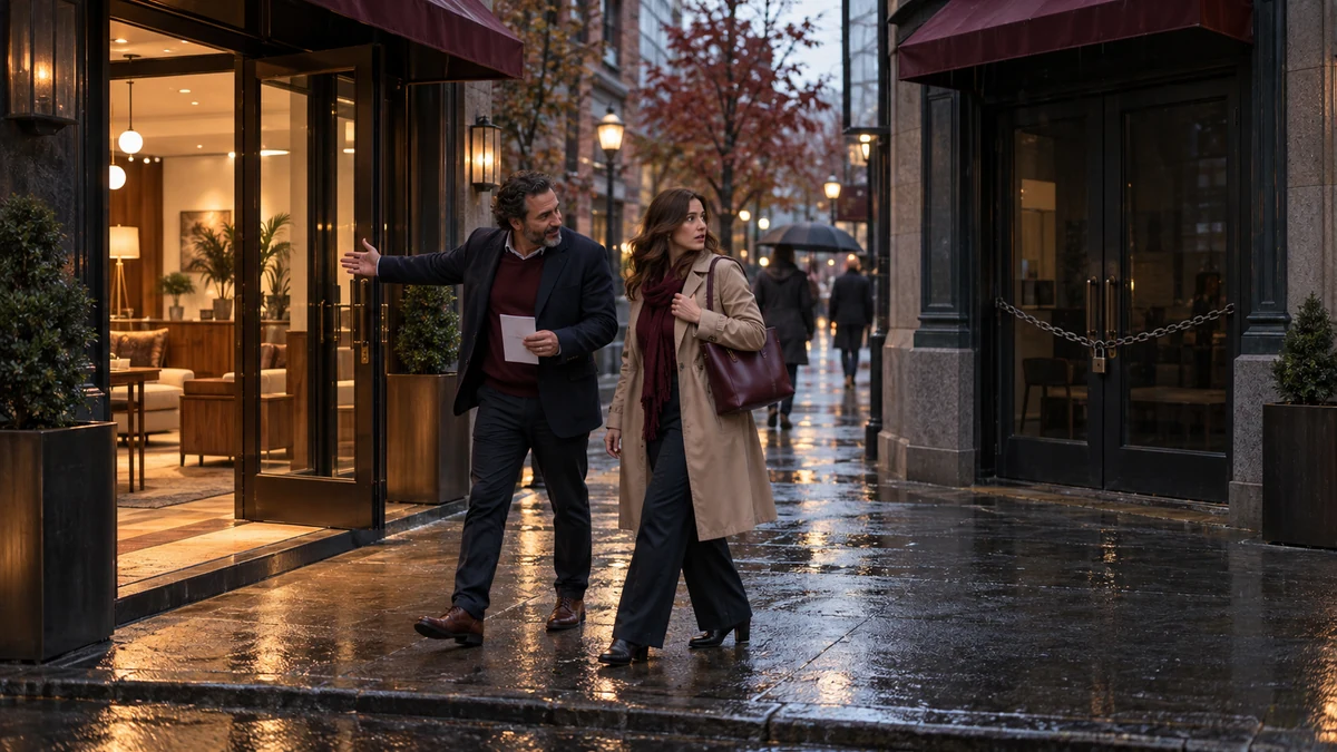 Showroom owner guides a customer to the open entrance while a duplicate storefront remains chained