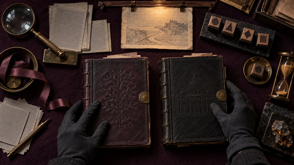 Gloved analyst compares two bound site records beside a magnifier, redirect ribbon, stamps, and hourglass
