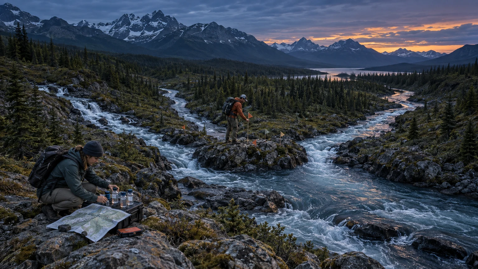 Two watershed scientists map evidence from three mountain tributaries converging into one river at blue hour
