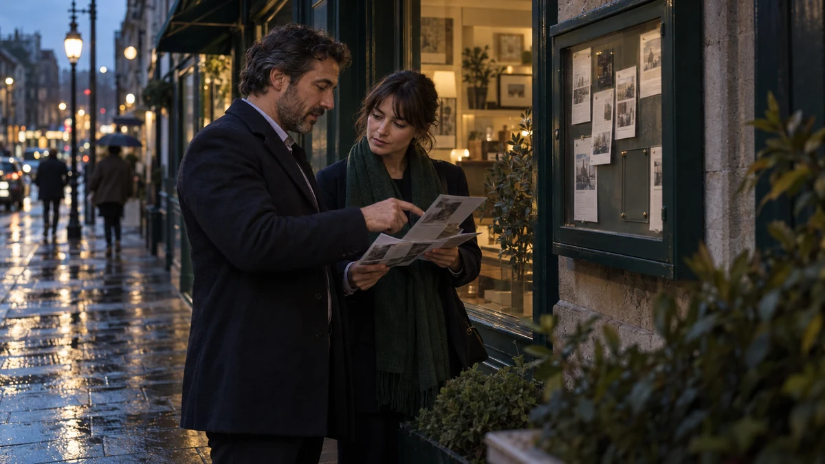 Two professionals compare independent source clippings outside a local storefront on a rainy evening