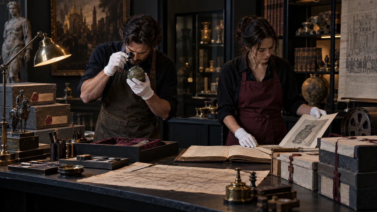 Museum provenance researchers verify an artifact against archive boxes, a ledger, and historical records